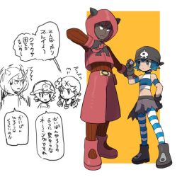 Rule 34 | 1boy, 2girls, bad id, bad twitter id, bandana, bare shoulders, black gloves, blue eyes, blue hair, bright pupils, cosplay, creatures (company), crop top, dark-skinned male, dark skin, doshiko, fake horns, flower, game freak, gloves, hair flower, hair ornament, hand on own hip, holding, holding poke ball, hood, hoodie, horned headwear, horns, kiawe (pokemon), lana (pokemon), looking at another, mallow (pokemon), midriff, multicolored hair, multiple girls, nintendo, pantyhose, partially colored, poke ball, pokemon, pokemon oras, pokemon sm, ribbed legwear, ribbed sweater, shirt, short hair, shorts, sleeveless, striped clothes, striped legwear, striped pantyhose, striped shirt, sweater, team aqua, team aqua (cosplay), team magma, team magma (cosplay), translation request, trial captain, twintails, two-tone hair
