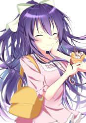 Rule 34 | 1girl, absurdres, akar1, bag, blush, closed mouth, crepe, date a live, dress, food, hair between eyes, hair ribbon, hand on own cheek, hand on own face, handbag, highres, holding, holding food, long hair, pink dress, purple hair, ribbon, solo, white background, yatogami tooka