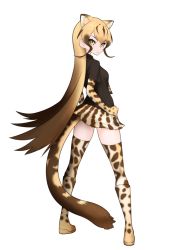 Rule 34 | 10s, 1girl, animal ear fluff, black shirt, blonde hair, boots, brown hair, cheetah ears, cheetah print, cheetah tail, elbow gloves, extra ears, from behind, frown, full body, gloves, gradient hair, hands on own hips, ise (0425), kemono friends, king cheetah (kemono friends), knee boots, long hair, looking back, multicolored hair, print footwear, print gloves, print skirt, print thighhighs, shirt, simple background, skirt, solo, standing, thighhighs, v-shaped eyebrows, very long hair, white background, yellow eyes, zettai ryouiki