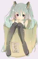 Rule 34 | aqua eyes, aqua hair, bad id, bad pixiv id, box, hatsune miku, highres, in box, in container, long hair, microphone, monako, smile, solo, thighhighs, twintails, vocaloid