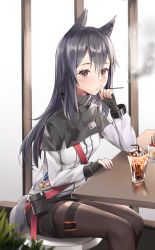Rule 34 | 1girl, animal ears, arknights, bad id, bad pixiv id, black capelet, black gloves, black hair, black pantyhose, black shorts, blush, brown eyes, capelet, commentary, cup, drinking glass, feet out of frame, fingerless gloves, gloves, hair between eyes, hand up, high collar, highres, holding, jacket, long hair, long sleeves, looking at viewer, pantyhose, pouch, short shorts, shorts, sitting, smoke, solo, tail, texas (arknights), thigh strap, white jacket, wolf ears, wolf tail, yamiiv