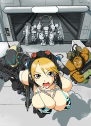 Rule 34 | 1girl, 2boys, bikini, bikini top only, blonde hair, blush, bouncing breasts, breasts, brown eyes, capcom, chain, cleavage, commentary request, from above, gloves, helmet, highres, large breasts, lost planet, lost planet 2, mecha, multiple boys, open mouth, partial commentary, robot, running, saka (daikonnkirai), swimsuit, weapon