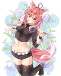Rule 34 | 1girl, ahoge, animal ears, belt, belt buckle, black shirt, black thighhighs, blush, buckle, floral background, fox ears, fox tail, hair intakes, impossible clothes, impossible shirt, jiino, long hair, looking at viewer, midriff, mole, mole under eye, navel, no shoes, original, raika (jiino), red eyes, red hair, shirt, short shorts, shorts, smile, soap bubbles, solo, stomach, tail, thighhighs, wristband