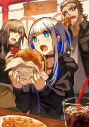 1boy 2girls aslaug_(fate) black_jacket black_shirt blue_eyes blue_hair breasts brown_hair burger drinking_straw fate:lost_einherjar fate_(series) food french_fries green_eyes highres hot_dog ice ice_cube jacket kashia long_hair multicolored_hair multiple_girls open_clothes open_jacket purple_eyes ragnar_lodbrok_(fate) remina_eltfrom_yggdmillennia shirt short_hair sign soda sweater white_hair