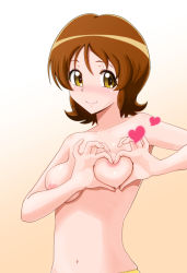 Rule 34 | 1girl, bakusai, blush, breasts, brown hair, happinesscharge precure!, heart, heart-shaped boob challenge, heart hands, looking at viewer, medium breasts, navel, nipples, nose blush, oomori yuuko, precure, short hair, smile, solo, upper body, yellow eyes