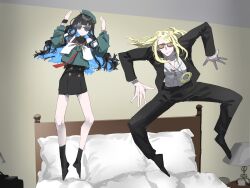 Rule 34 | blonde hair, brother and sister, fate/grand order, fate (series), glasses, hair ornament, highres, jumping on bed, meme, miniskirt, multicolored hair, siblings, skirt, tenochtitlan (fate), tenochtitlan (second ascension) (fate), tezcatlipoca (fate), youkai gyaru (meme)