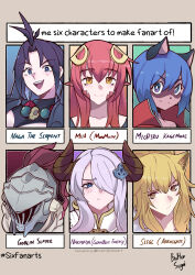 Rule 34 | 1boy, 5girls, animal ears, arknights, blonde hair, blue eyes, blue hair, brand new animal, brown eyes, butter sugoi, draph, english text, frown, goblin slayer, goblin slayer!, granblue fantasy, hair ornament, hair over one eye, hashtag, helmet, highres, horns, kagemori michiru, lamia, lion ears, lion girl, miia (monster musume), monster girl, monster musume no iru nichijou, multiple drawing challenge, multiple girls, naga the serpent, narmaya (granblue fantasy), open mouth, pointy ears, pout, purple eyes, purple hair, raccoon ears, raccoon girl, red hair, red scales, scales, siege (arknights), signature, six fanarts challenge, slayers, smile, yellow eyes