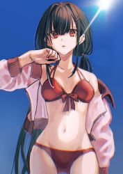 Rule 34 | 1girl, bikini, black hair, blue sky, breasts, chromatic aberration, collarbone, commentary, danganronpa (series), danganronpa s: ultimate summer camp, danganronpa v3: killing harmony, day, ear piercing, hair between eyes, hair intakes, hair ornament, hair scrunchie, hairclip, harukawa maki, highres, jacket, long hair, looking at viewer, low twintails, medium breasts, mole, mole under eye, navel, off shoulder, official alternate costume, open clothes, open jacket, outdoors, piercing, pink jacket, red bikini, red eyes, red scrunchie, scrunchie, sky, solo, stomach, sunlight, swimsuit, symbol-only commentary, twintails, very long hair, visket53, wet