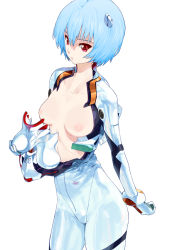 Rule 34 | 00s, 1girl, ayanami rei, blue hair, bob cut, bodysuit, breasts, evangelion: 2.0 you can (not) advance, kusaka souji, neon genesis evangelion, nipples, open bodysuit, open clothes, plugsuit, rebuild of evangelion, red eyes, short hair, simple background, skin tight, solo, unzipped, white background
