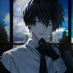 Rule 34 | 1boy, artist name, black gloves, black hair, black jacket, black necktie, blue eyes, blue sky, blurry, blurry background, building, cloud, collared shirt, commentary request, day, ear piercing, earrings, formal, gloves, hair between eyes, hand on own chin, hand up, highres, indoors, jacket, jewelry, long sleeves, looking at viewer, makura wet, male focus, necktie, off shoulder, open mouth, original, piercing, round teeth, shirt, short hair, signature, sky, smile, solo, teeth, tree, white shirt, window, wing collar