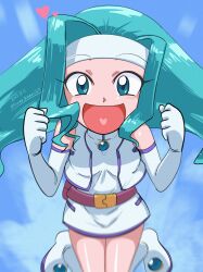 Rule 34 | 1girl, 2023, absurdres, aqua hair, bare legs, bare shoulders, blue eyes, breasts, clenched hands, dated, digimon, digimon xros wars, elbow gloves, female focus, gloves, happy, heart, highres, kouma bonmaid, looking at viewer, ruka (digimon), shiny skin, smile, solo
