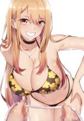 Rule 34 | 1girl, absurdres, bare arms, bare shoulders, bikini, black bikini, black choker, blonde hair, blush, breasts, choker, cleavage, colored tips, commentary, ear piercing, earrings, fake nails, floral print, gradient hair, grin, gyaru, halterneck, hands on own hips, highres, holding, jewelry, kitagawa marin, large breasts, leaning forward, long hair, looking at viewer, lovesexieie, multi-strapped bikini, multicolored hair, nail polish, navel, out of frame, pendant, piercing, pink nails, pov, print bikini, red eyes, shiny skin, signature, simple background, smile, sono bisque doll wa koi wo suru, string bikini, swept bangs, swimsuit, tape measure, teeth, trembling, white background
