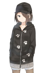 Rule 34 | 1girl, baseball cap, black hat, black hoodie, black shorts, blush, brown eyes, brown hair, closed mouth, commentary request, cowboy shot, hair over one eye, hands in pockets, hat, highres, hood, hood down, hoodie, long sleeves, looking at viewer, original, paw print, print hoodie, short shorts, shorts, simple background, solo, white background, yuki arare