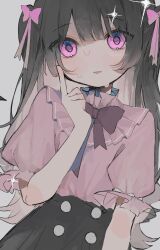 Rule 34 | 1girl, artist name, black hair, black skirt, bow, bowtie, commentary request, hair bow, hand up, heart, heart in eye, highres, index finger raised, jirai kei, long hair, looking at viewer, open mouth, original, pink bow, pink eyes, pink shirt, puffy short sleeves, puffy sleeves, shirt, short sleeves, skirt, slept sui, solo, sweatdrop, symbol in eye, twintails, twitter username, upper body, very long hair