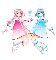 Rule 34 | 2girls, absurdres, armband, beret, blue eyes, blue hair, blush, earrings, food, full body, hat, high collar, highres, ice cream, ice cream float, jewelry, leg warmers, long hair, long sleeves, looking at viewer, masumofu, multiple girls, nail polish, one side up, open mouth, original, parted lips, pink eyes, pink hair, safety pin, shoes, short hair, sleeves past wrists, smile, sneakers, very long hair