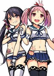 Rule 34 | 10s, 2girls, :3, adapted costume, akebono (kancolle), angry, animal, animal ears, animal on head, bad id, bad twitter id, badge, bare shoulders, bell, black legwear, blush, bodypaint, breasts, rabbit, rabbit ears, clenched teeth, covering privates, covering breasts, covering crotch, flower, gloves, hair bell, hair bobbles, hair flower, hair ornament, horosuke, jingle bell, kantai collection, long hair, looking at viewer, multiple girls, navel, on head, open mouth, pink eyes, pink hair, purple eyes, purple hair, race queen, red scarf, sazanami (kancolle), scarf, short hair, short shorts, shorts, side ponytail, simple background, sketch, skirt, small breasts, smile, teeth, thighhighs, twintails, very long hair, white background, white legwear