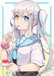 Rule 34 | 1girl, black dress, blue eyes, blue sailor collar, closed mouth, commentary request, dress, gradient background, grey hair, hair between eyes, heterochromia, highres, holding, holding spoon, kagura gumi, kagura mea, licking, long hair, looking at viewer, sailor collar, shirt, short sleeves, solo, spoon, tongue, tongue out, twintails, upper body, very long hair, virtual youtuber, white background, white shirt, xuu shi times, yellow background, yellow eyes