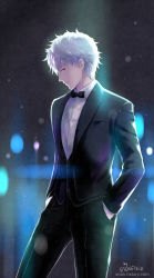 Rule 34 | 1boy, artist name, bow, bowtie, gintama, hands in pockets, lens flare, light particles, male focus, profile, red eyes, sakata gintoki, signature, snonfield, solo, spotlight, tuxedo, watermark, web address, white hair