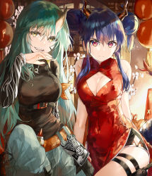 Rule 34 | 2girls, absurdres, alternate costume, arknights, artist name, bare arms, bare shoulders, belt, black shirt, blue hair, blush, breasts, brown eyes, ch&#039;en (ageless afterglow) (arknights), ch&#039;en (arknights), china dress, chinese clothes, cleavage, cleavage cutout, closed mouth, clothing cutout, commentary, double bun, dragon girl, dragon horns, dress, fangs, finger to mouth, green hair, hair between eyes, hair bun, highres, holster, horns, hoshiguma (arknights), hoshiguma (ronin huntress) (arknights), kanniiepan, large breasts, long hair, long sleeves, looking at viewer, multiple girls, official alternate costume, open mouth, orange belt, red dress, red eyes, shirt, shorts, sidelocks, single horn, sitting, skin-covered horns, sleeveless, smile, tail, teeth, thigh strap, upper teeth only