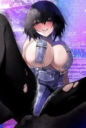 Rule 34 | 1girl, armpits, bare shoulders, black eyes, black nails, blue overalls, bound, bound wrists, breasts, cleavage, corruption, crazy, denim overalls, distortion, english text, highres, large breasts, medium hair, mole, mole under mouth, naked overalls, original, overalls, pantyhose, sitting, smile, spread legs, suou-sensei, torn clothes, torn pantyhose, trash bag, yandere