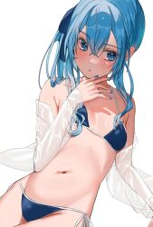 Rule 34 | 1girl, bare shoulders, bikini, blue bikini, blue eyes, blue hair, blue nails, blush, breasts, commentary request, hair between eyes, hair ribbon, highres, hololive, hoshimachi suisei, medium hair, ribbon, see-through, see-through shirt, shirt, side ponytail, simple background, small breasts, solo, swimsuit, takeno omoti, virtual youtuber, white background