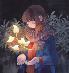 Rule 34 | 1girl, black background, blue coat, brown hair, brown scarf, closed eyes, closed mouth, coat, glowing, glowing leaves, gradient hair, heikala, highres, leaf, magic, multicolored hair, open clothes, open coat, orange hair, original, painting (medium), plant, red sweater, scarf, short hair, solo, sweater, traditional media, watercolor (medium)