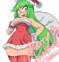 Rule 34 | 1girl, bag, bare shoulders, breasts, christmas, cleavage, digicheeze, dress, from below, fur trim, gloves, green eyes, green hair, hat, heart, highres, holding, holding bag, jewelry, large breasts, long hair, looking at viewer, looking down, merry christmas, open mouth, palutena, parted bangs, red dress, red gloves, red thighhighs, santa costume, santa dress, santa hat, sleeveless, smile, solo, teeth, thighhighs, white background, white bag, wide hips