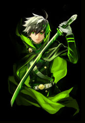 Rule 34 | 1boy, absurdres, belt, belt buckle, black background, black hair, buckle, cape, gloves, glowing, green cape, green eyes, highres, holding, holding sword, holding weapon, hyakuya yuuichirou, konbumeshi, male focus, multicolored hair, owari no seraph, simple background, solo, sword, upper body, weapon, white gloves, white hair