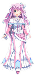 Rule 34 | 1girl, blush, bow, breasts, capelet, detached sleeves, dress, frills, full body, hair bow, highres, long dress, long hair, long sleeves, looking at viewer, medium breasts, one eye closed, open mouth, original, simple background, smile, solo, standing, twintails, white background, yukiuta sahiro