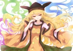 Rule 34 | 1girl, black hat, blonde hair, breasts, brown hat, cape, constellation, constellation print, detached sleeves, energy, eyelashes, eyes visible through hair, green skirt, hair between eyes, hands up, hat, long hair, long sleeves, looking to the side, matara okina, medium breasts, non-web source, open mouth, orange cape, shirt, simple background, skirt, smile, solo, standing, tabard, tomoe (fdhs5855), touhou, white background, white shirt, wide sleeves, yellow eyes