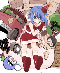 Rule 34 | 1boy, 1girl, animal ears, blue eyes, blue hair, boots, capelet, car, censored, christmas, clock, crescent, crescent hair ornament, cuckoo clock, doraemon, doraemon (character), dress, full body, gift, gloves, hair ornament, hat, hood, identity censor, long hair, matching hair/eyes, motor vehicle, original, outdoors, party hat, plant, rondo umigame, sack, sex doll, smile, solo, standing, star (symbol), tree, vehicle