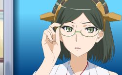 Rule 34 | 10s, 1girl, anime coloring, bad id, bad pixiv id, bare shoulders, female focus, glasses, green-framed eyewear, green eyes, green hair, hairband, kantai collection, kirishima (kancolle), matching hair/eyes, mirror, nontraditional miko, open mouth, short hair, solo, udon (shiratama)