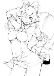 Rule 34 | 1girl, alternate costume, animal ears, antenna hair, between breasts, blazblue, breasts, contrapposto, detached sleeves, dress, covered erect nipples, greyscale, halterneck, hand on own hip, large breasts, makoto nanaya, monochrome, navel, necktie, necktie between breasts, one eye closed, panties, pantyshot, sakula, salute, short dress, short hair, solo, squirrel ears, squirrel tail, standing, tail, underwear, wink