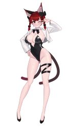 1girl absurdres alternate_costume animal_ear_fluff animal_ears black_bow black_bowtie black_leotard black_shoes blazer blunt_bangs bow bowtie braid breasts canonball_(dungigi12) cat_ears cat_girl cat_tail cleavage closed_mouth contrapposto covered_navel extra_ears full_body gluteal_fold hair_bow highres jacket kaenbyou_rin large_breasts legs leotard looking_at_viewer multiple_tails one_eye_closed open_clothes open_jacket playboy_bunny pointy_ears red_hair shoes short_hair simple_background smile solo strapless strapless_leotard tail touhou transparent_background twin_braids two_tails v white_jacket