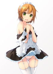Rule 34 | 1girl, apron, bare shoulders, black dress, bow, bra, brown hair, clothes lift, collarbone, commentary request, cowboy shot, crotch seam, dress, dress lift, fang, frilled dress, frills, garter straps, gluteal fold, green eyes, highres, looking at viewer, maid, maid apron, maid headdress, off shoulder, open mouth, original, panties, shibacha, short hair, sidelocks, simple background, solo, standing, striped clothes, striped panties, thigh gap, thighhighs, underwear, white background, white bow, white bra, white panties, white thighhighs
