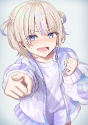 Rule 34 | 1girl, absurdres, blonde hair, blue hair, blush, fang, highres, hololive, hololive dev is, jacket, looking at viewer, multicolored hair, open mouth, pointing, pointing at viewer, purple eyes, shirt, short hair, shorts, sigma 1221, skin fang, solo, streaked hair, todoroki hajime, two side up, virtual youtuber, white background, white jacket, white shirt, white shorts