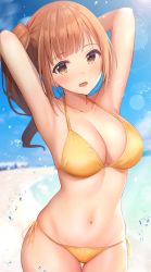 Rule 34 | 1girl, :d, armpits, arms up, beach, bikini, blue sky, blurry, blurry background, blush, breasts, brown eyes, brown hair, cleavage, collarbone, commentary request, commission, cowboy shot, day, depth of field, gluteal fold, halterneck, highres, idolmaster, idolmaster cinderella girls, igarashi kyoko, long hair, looking at viewer, medium breasts, navel, ocean, open mouth, outdoors, pixiv commission, revision, side-tie bikini bottom, side ponytail, skindentation, sky, smile, solo, splashing, stomach, string bikini, swimsuit, thigh gap, u rin, water, yellow bikini