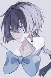 Rule 34 | 1boy, black hair, blue eyes, blue ribbon, closed mouth, collared shirt, ear piercing, earrings, expressionless, grey background, highres, hourglass, jewelry, kagaku o, long hair, looking down, low ponytail, male focus, piercing, ribbon, shirt, solo, vanitas (vanitas no carte), vanitas no carte, white shirt