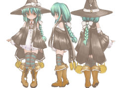 Rule 34 | 1girl, aqua hair, aqua thighhighs, bare shoulders, black cloak, black headwear, blush, boots, bow, braid, breasts, brown footwear, cloak, cross-laced footwear, dress, female focus, from behind, from side, full body, hair bow, hair tie, hat, hat bow, hat ribbon, heel up, knee boots, knees together feet apart, long hair, long sleeves, looking at viewer, multiple views, neck ribbon, off shoulder, original, pointy ears, red ribbon, ribbon, short dress, simple background, single braid, sleeves past wrists, small breasts, standing, striped clothes, striped thighhighs, thigh gap, thighhighs, ugogogesik, white background, white bow, white dress, white ribbon, witch hat, yellow eyes, zettai ryouiki