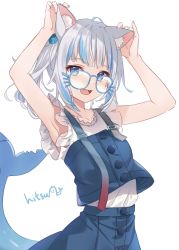 Rule 34 | 1girl, :d, animal ear fluff, animal ears, armpits, artist name, bespectacled, blue-framed eyewear, blue eyes, blue hair, blue nails, blue skirt, blue vest, buttons, cat ears, collarbone, commentary, cube, cube hair ornament, english commentary, fins, fish tail, frilled sleeves, frills, gawr gura, gawr gura (casual), glasses, grey hair, hair ornament, highres, hitsukuya, holding ears, hololive, hololive english, looking at viewer, multicolored hair, nail polish, official alternate costume, open mouth, shark tail, sharp teeth, shirt, side ponytail, signature, simple background, skirt, smile, solo, strap, streaked hair, tail, teeth, vest, virtual youtuber, white background, white shirt