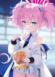 Rule 34 | 1girl, absurdres, ahoge, bag of chips, bare shoulders, blue archive, blue necktie, blurry, blurry background, blush, breasts, chips (food), commentary request, depth of field, dress, food, green eyes, grin, hair between eyes, halo, hasumi (hasubatake39), highres, holding, holding food, jacket, long sleeves, looking at viewer, momoka (blue archive), necktie, off shoulder, open clothes, open jacket, pink hair, pointy ears, potato chips, puffy long sleeves, puffy sleeves, sharp teeth, sleeveless, sleeveless dress, small breasts, smile, solo, teeth, twintails, white dress, white hair