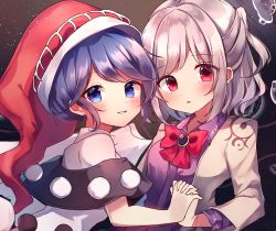 Rule 34 | 2girls, blue eyes, blue hair, bow, bowtie, doremy sweet, grey hair, hat, highres, holding hands, jacket, kishin sagume, light particles, long sleeves, looking at viewer, moshihimechan, multiple girls, nightcap, open mouth, pom pom (clothes), red bow, red bowtie, red eyes, red headwear, short hair, smile, suit jacket, touhou, upper body, white jacket