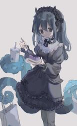 Rule 34 | 1girl, bag, black dress, black eyes, black hairband, black horns, black ribbon, blue hair, cake, cake slice, cheesecake, chimoshi (hitsuji tonakai), closed mouth, collared dress, cowboy shot, cup, disposable cup, dress, empty eyes, expressionless, food, fork, frilled dress, frills, grey background, grey pantyhose, hair between eyes, hairband, hashtag-only commentary, highres, holding, holding fork, holding plate, horns, indie virtual youtuber, lolita hairband, long hair, long sleeves, looking at viewer, neck ribbon, pantyhose, plate, puffy long sleeves, puffy sleeves, ribbon, ringed eyes, shopping bag, simple background, solo, standing, tentacle hold, virtual youtuber, yamata ia