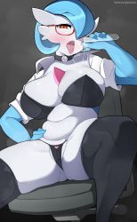 Rule 34 | 1girl, alternate color, artist name, belly, black background, black bra, black choker, black panties, black thighhighs, blue hair, blue skin, blush, bob cut, bra, breasts, breath, cameltoe, chair, choker, colored skin, commission, creatures (company), dr. voir (nanosheep), female focus, game freak, gardevoir, gatotorii, gen 3 pokemon, glasses, hair over one eye, half-closed eyes, hand on own hip, hand up, heart, highres, holding, holding test tube, huge breasts, looking at viewer, mega stone, multicolored skin, navel, nintendo, office chair, on chair, one eye covered, open mouth, panties, pokemon, pokemon (creature), red-framed eyewear, red eyes, saliva, saliva trail, semi-rimless eyewear, shiny pokemon, short hair, shrug (clothing), simple background, sitting, skindentation, sleeves rolled up, solo, spread legs, steam, steaming body, string panties, swivel chair, test tube, thighhighs, tongue, tongue out, twitter username, two-tone skin, underwear, watermark, web address, white skin