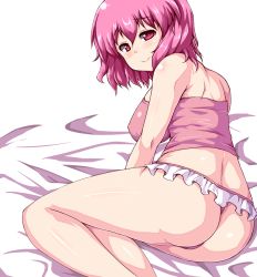 Rule 34 | 1girl, ass, bad id, bad pixiv id, bare shoulders, breasts, covered erect nipples, female focus, large breasts, looking at viewer, lying, moisture (chichi), no headwear, no headwear, on side, panties, pink eyes, pink hair, pink panties, saigyouji yuyuko, short hair, smile, solo, thong, touhou, underwear, underwear only