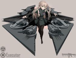 Rule 34 | 1girl, absurdres, animification, artist name, bad id, bad pixiv id, black pantyhose, blonde hair, character name, executor, full body, green eyes, grey background, gun, highres, long hair, mecha musume, no shoes, pantyhose, personification, rifle, solo, star wars, vectorek, weapon