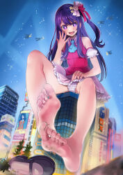 Rule 34 | 1girl, absurdres, barefoot, black footwear, blue neckerchief, building, city, commentary request, frilled panties, frilled skirt, frills, giant, giantess, highres, hoshino ai (oshi no ko), idol clothes, long hair, neckerchief, night, open mouth, oshi no ko, panties, partial commentary, pink shirt, pink skirt, purple eyes, purple hair, sahara1127, shirt, shoes, unworn shoes, sitting, skirt, sleeveless, sleeveless shirt, smile, solo, star-shaped pupils, star (symbol), symbol-shaped pupils, underwear, white panties