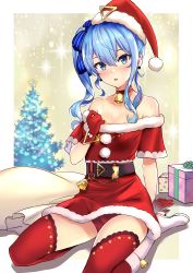 Rule 34 | 1girl, absurdres, bare shoulders, bell, belt, bike shorts, blue eyes, blue hair, blush, boots, bow, christmas, collarbone, dress, earrings, fur trim, gift, gloves, hair bow, hat, highres, hololive, hoshimachi suisei, jewelry, long hair, neck bell, pom pom (clothes), pukara, red hat, red thighhighs, sack, santa costume, santa dress, santa gloves, santa hat, side ponytail, sitting, solo, star (symbol), star earrings, star in eye, sweat, symbol in eye, thighhighs, virtual youtuber, wariza, zettai ryouiki