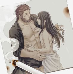 Rule 34 | 2boys, bara, beard, bishounen, black hair, boxer briefs, brown hair, cigarette, dress shirt, facial hair, fate/zero, fate (series), iskandar (fate), lalatia-meai, long hair, lord el-melloi ii, male focus, male underwear, multiple boys, muscular, naked towel, open clothes, open shirt, photo (object), playing with another&#039;s hair, red hair, shirt, size difference, smoke, time paradox, towel, underwear, waver velvet, yaoi