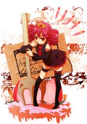 Rule 34 | 1girl, bad id, bad pixiv id, black thighhighs, cake, demon tail, drill hair, food, fork, fruit, happy birthday, in food, kasane teto, licking, licking finger, mini person, minigirl, pink hair, red eyes, solo, strawberry, tail, thighhighs, tiara, twin drills, twintails, utau, vocaloid, w0new0n, w0new0ne